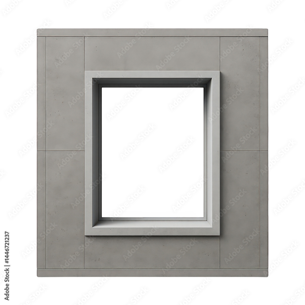 Poster structured grey concrete panel with a modern minimalist square frame and deep recessed central void.