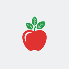 Simple Red Apple with Green Leaves Icon Illustration