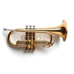 Obraz premium A gleaming gold cornet rests on a pristine white background showcasing its intricate valves and polished brass finish.