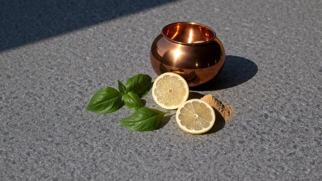 Flat lay of Ayurvedic detox elements including triphala powder lemon copper vessel and basil on a stone surface in soft light representing natural body cleansing
