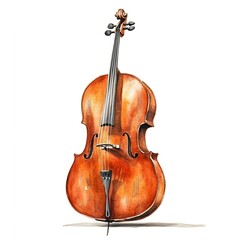 A detailed watercolor painting showcases a classic cello instrument with rich brown varnish and intricate details against a white background.