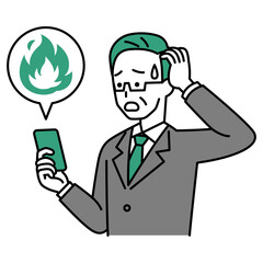 SNSが炎上して困惑している中年のスーツの男性（スマートフォン）