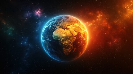 Obraz premium Planet earth illustration with blue and orange glow in a colorful space.