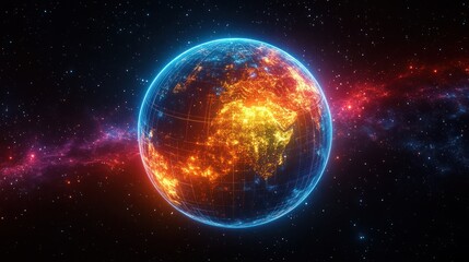 Obraz premium Glowing planet with blue outline surrounded by stars and nebula in space.