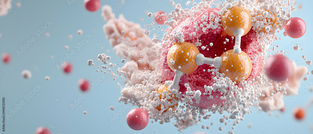 Poster an abstract depiction of molecular structures and biological processes. visualizes science art and h