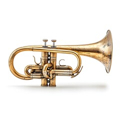 Obraz premium A vintage gold-lacquered cornet rests on a white background, showcasing its intricate valves and aged brass finish.