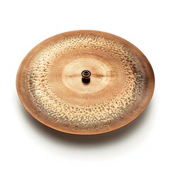 A high-resolution studio shot depicts a single bronze cymbal isolated on a bright white background showing intricate details and texture.