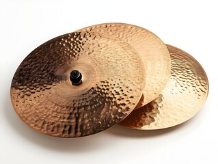 Three bronze cymbals with hammered texture are stacked on a white background showing their metallic sheen and musical potential.