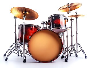 A professional studio drum kit with red and orange finish is shown on a white background ready for a recording session.