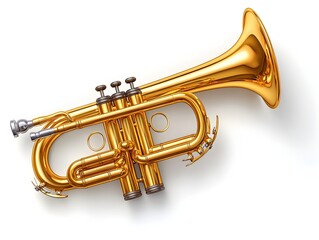 Obraz premium A gleaming gold trumpet rests on a pristine white background, ready for a musical performance or studio recording.