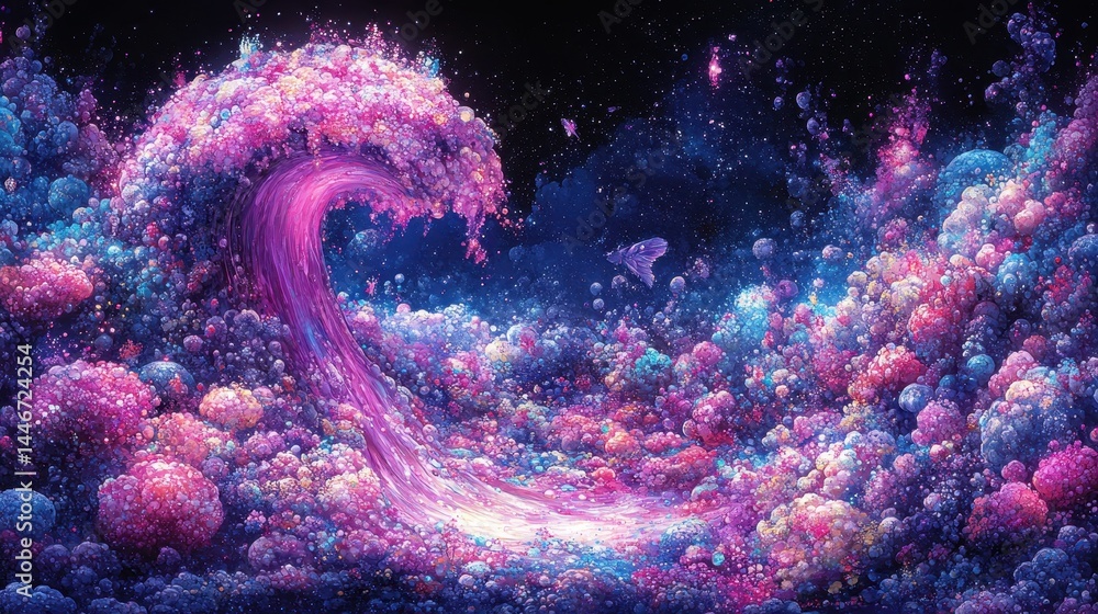 Poster celestial current flowing through cosmic dust in a vibrant display of galactic energy and light crea