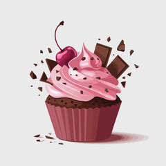 Delicious Pink Cupcake with Chocolate and Cherry Topping