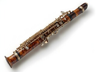 Naklejka premium An antique oboe with intricate gold detailing and rich brown wood lies on a pristine white background.