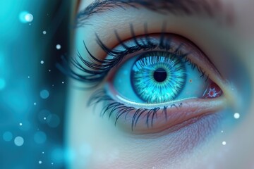 Fototapeta premium Feminine beauty shines. Emdr aphantasia Simulated reality Highly sensitive person Ethical ai Psilocybin therapy Neosensory Plainsight Galaxeye Promeai Close-up blue eye with long eyelashes looking up