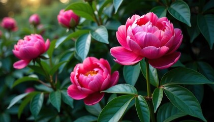 Naklejka premium Bold peony blossoms, lush green foliage, damask backdrop, wall decor, peony