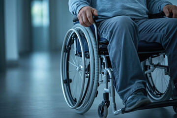 Obraz premium Person in wheelchair focus on lower body and wheels