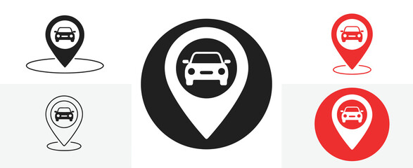 Car Location Icons Set Black, Red, and Outline Styles