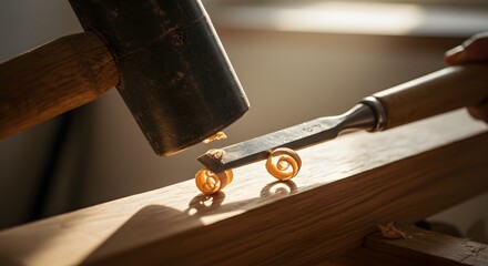 Masterful Woodworking: Close-up of a Carpenter Using Chisel and Mallet to Shape Fine Wood