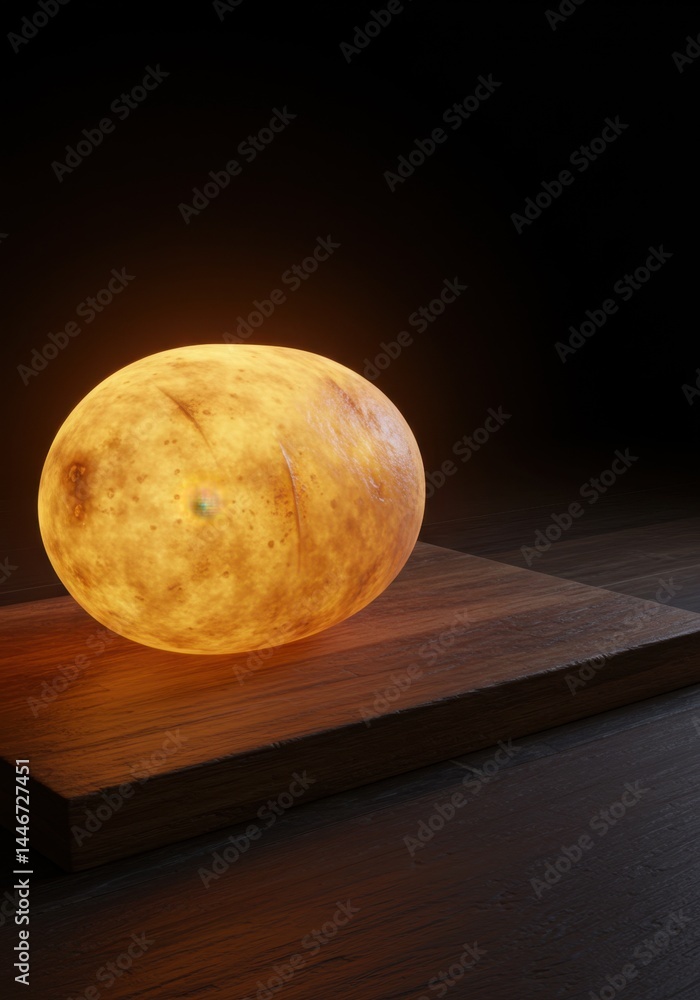 Poster illuminated spherical object on wooden base: a study in light and texture