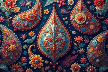 Classic teardrop paisley motif, rich color palette, intricate detail, teardrop, rich