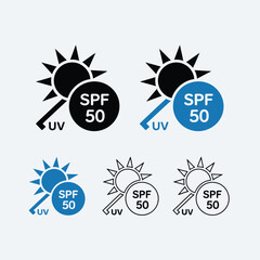 SPF 50 Sun Protection Icons Set Black, Blue, and Outline Variations