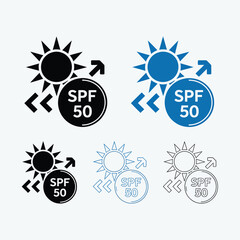 SPF 50 Sun Protection Icon Set Black, Blue, and Outline Variations