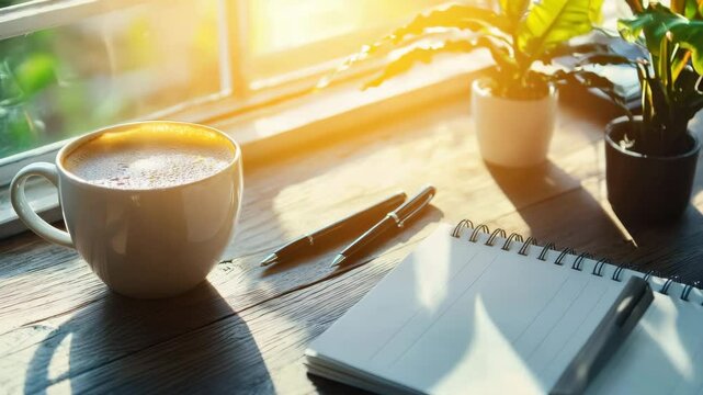 Cozy Morning Scene with Coffee, Notebook, and Plants by Window