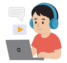 Flat illustration of boy attending online class on laptop with headphones e-learning and virtual education concept.