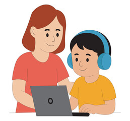 Flat illustration of mother helping son with online learning e-learning and homeschooling concept with laptop and headphones.