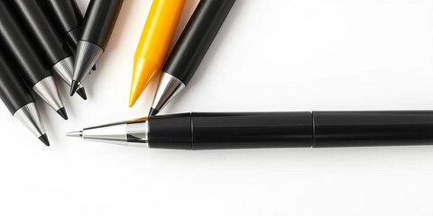 Black ballpoint pen, top view, isolated on white, mockup,  surface