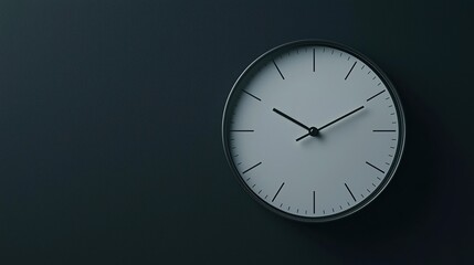 Minimalist wall clock with black hands on a white face, displayed against a dark background, showing the time at approximately 10:10.