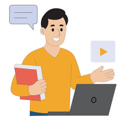 young man with a laptop. Flat illustration of male student learning online with laptop and books e-learning, distance education, and digital classroom concept.