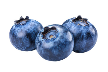 Obraz premium Close-up image of three plump, vibrant blueberries against a solid background. The focus is on the individual berries and their rich color.
