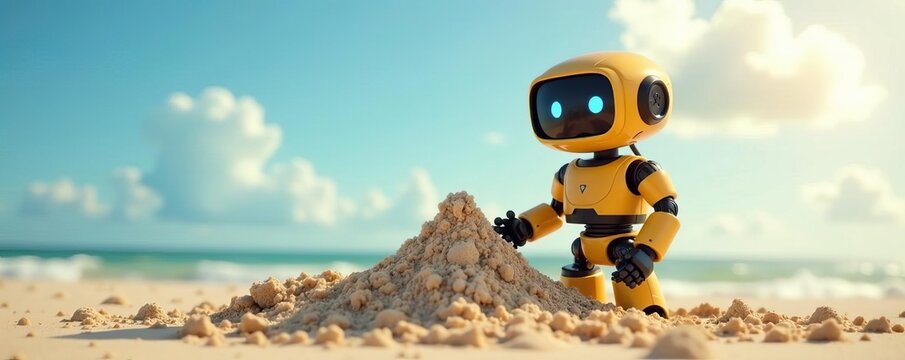Cheerful little robot building sandcastles under sunny sky, beach, vacation, sandcastles