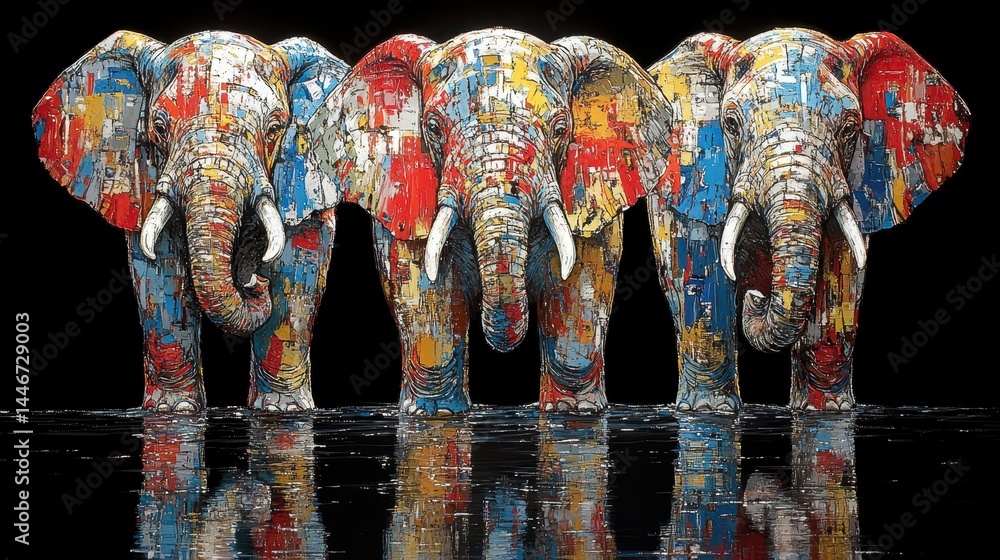 Poster chromatic elephant herd reflection on dark backdrop abstract rendering captivating wildlife art perf