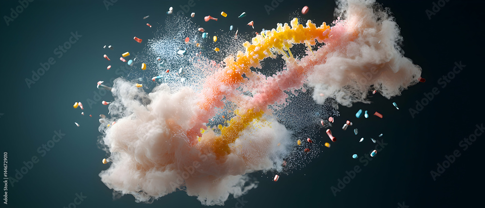 Poster abstract image of colorful cloud-like forms with floating pills and sprinkles. perfect for medical e