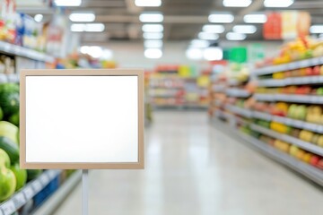 Obraz premium Empty supermarket price sign in produce aisle, colorful fruits and vegetables blurred in background, bright lighting