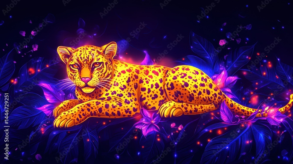 Aufkleber vibrant digital rendering of a leopard resting within a cosmic nebula of blue and violet hues, blend