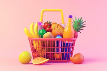 3D vector of a shopping basket full of fresh groceries like fruits, bread, and drinks, isolated on a clean white background, bright vibrant colors."