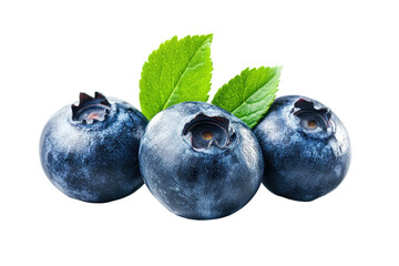 Obraz premium Three fresh blueberries are featured, with green leaves, isolated against a dark background. The berries are depicted in sharp focus, highlighting their rich blue color and natural texture.