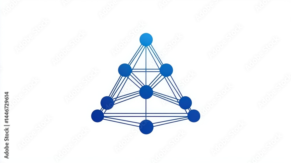 Poster a geometric network of blue nodes connected in a triangular, pyramid-like structure on a white backg
