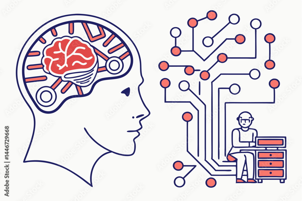 Aufkleber artificial intelligence brain circuit in flat design