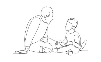 Continuous single line of young father giving some wise advice talk to his child. Happy family parenting concept. Trendy sketch drawing editable stroke vector illustration	