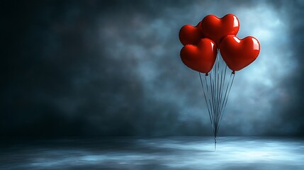 Red hearts balloons dark room