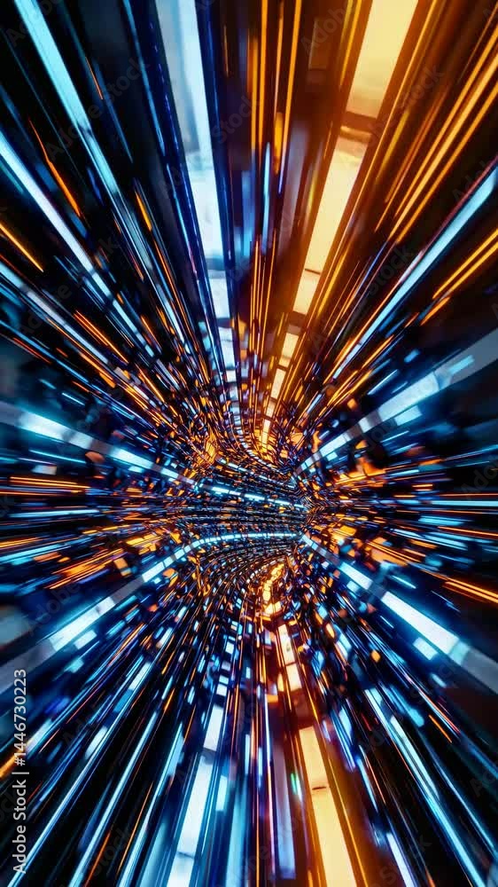Poster dynamic, futuristic video concept with a tunnel of neon lights. captured from a central, forward-fac