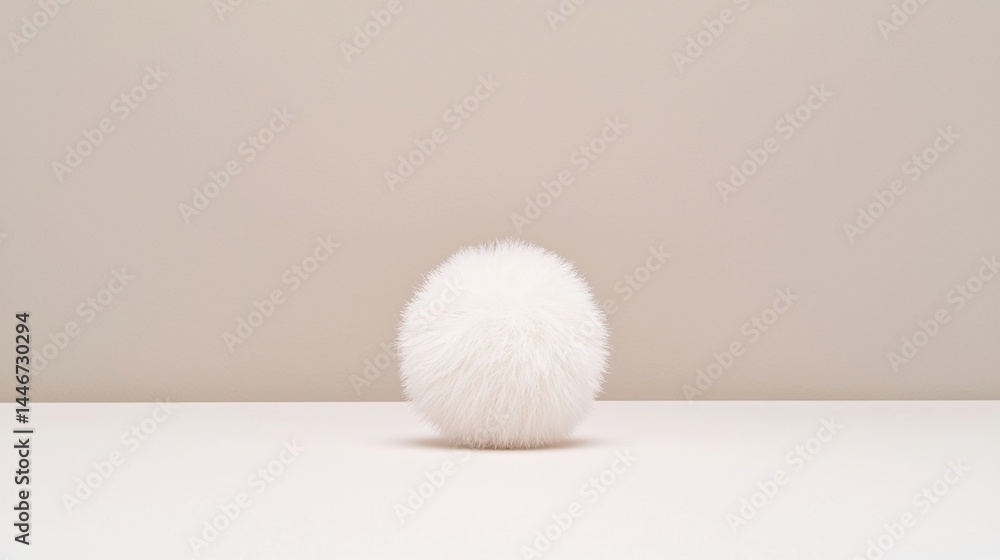 Poster a fluffy white textured ball sits on a minimalist beige background, creating a simple and modern vis