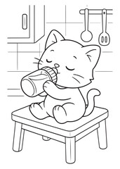 Coloring book kitten sits on a stool in the kitchen, happily drinking milk from a baby bottle.