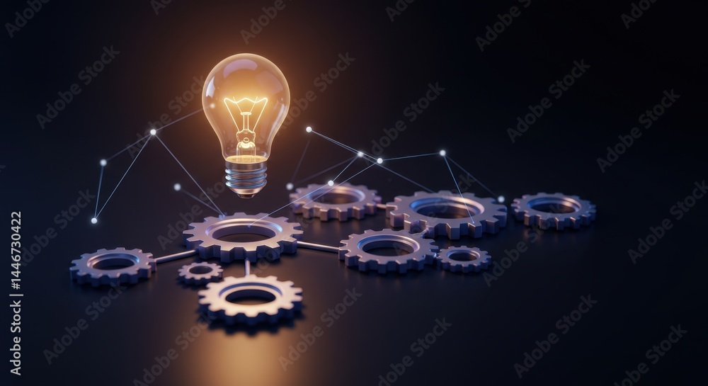 Poster illuminating innovation: a glowing lightbulb and interconnected gears symbolize ingenious ideas and 