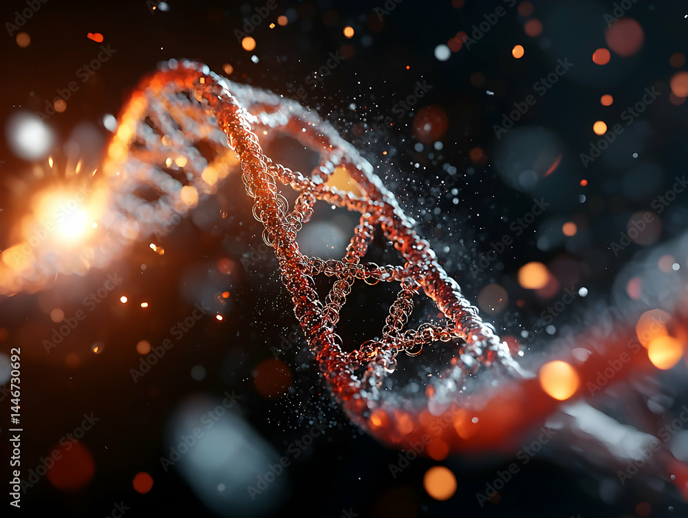 Poster a captivating image of a dna strand illuminated with glowing particles showcasing the complexity of 