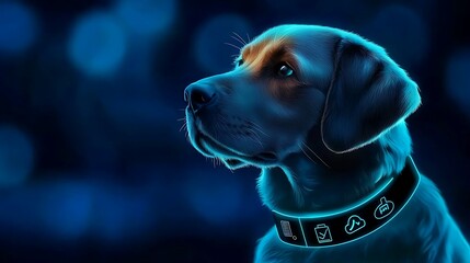 A dog wearing a futuristic smart collar glows with neon blue light against a dark, blurred background.